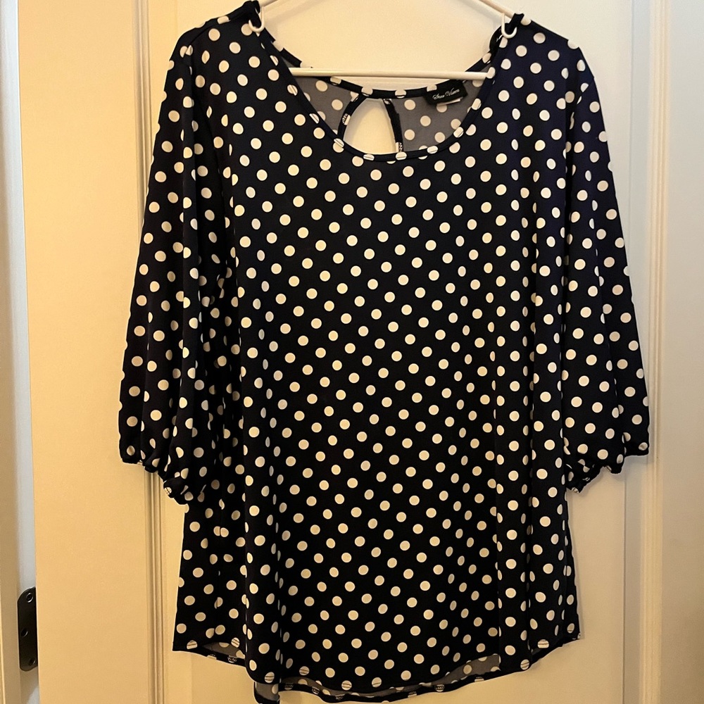 Blue and white polka dot top